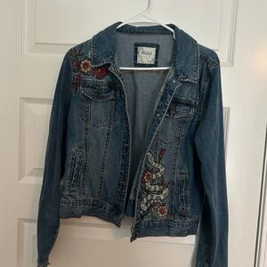 Mudd Blue Denim Jacket with Red Floral Embroidery